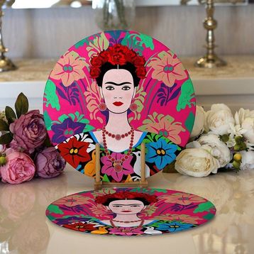 RealHomes 34x34 cm Renkli 2'li Fuşya Zeminde Frida Kahlo Motifli Özel Tasarım Modern Yuvarlak Servis Altlığı Supla
