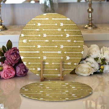 RealHomes 34x34 cm Renkli 2'li Gold Zeminde Ok Çizimli Dijital Baskılı Modern Yuvarlak Servis Altlığı Supla