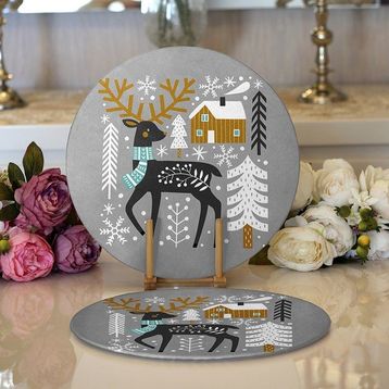 RealHomes 34x34 cm Renkli 2'li Gri Zeminde Geyik Desenli Dijital Baskılı Modern Yuvarlak Servis Altlığı Supla