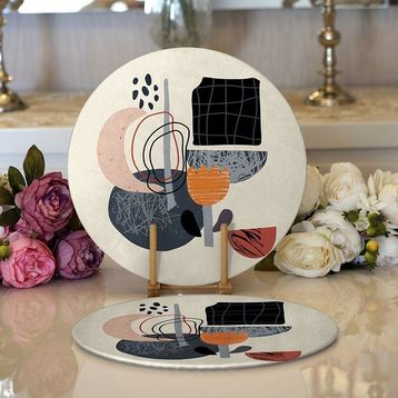 RealHomes 34x34 cm Renkli 2'li Modern Tasarımlı Bohem Çizimli Dijital Baskılı Modern Yuvarlak Servis Altlığı Supla