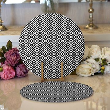 RealHomes 34x34 cm Renkli 2'li Özel Tasarım Siyah Ikat Desenli Dijital Baskılı Modern Yuvarlak Servis Altlığı Supla