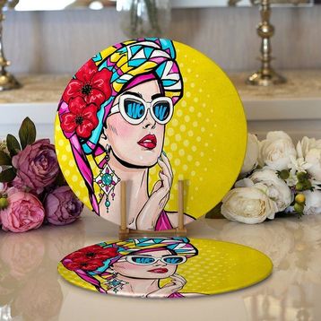 RealHomes 34x34 cm Renkli 2'li Sarı Zeminli Summer Popart Tasarımlı Modern Yuvarlak Servis Altlığı Supla