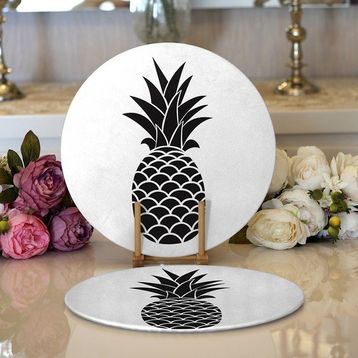 RealHomes 34x34 cm Renkli 2'li Siyah Beyaz Ananas Dijital Baskılı Modern Yuvarlak Servis Altlığı Supla