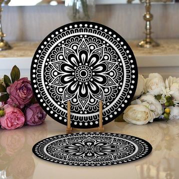 RealHomes 34x34 cm Renkli 2'li Siyah Beyaz Çiçek Desenli Mandala Motifli Modern Yuvarlak Servis Altlığı Supla