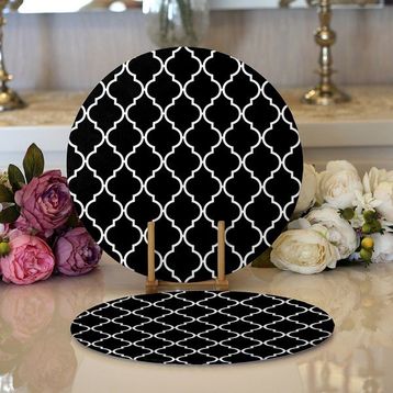 RealHomes 34x34 cm Renkli 2'li Siyah Zemin Ogea Desenli Dijital Baskılı Modern Yuvarlak Servis Altlığı Supla