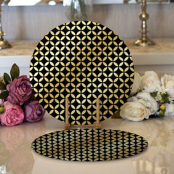 RealHomes 34x34 cm Renkli 2'li Siyah Zeminde Gold Geometrik Desenli Modern Yuvarlak Servis Altlığı Supla