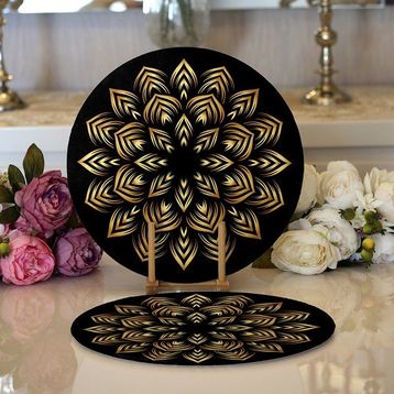 RealHomes 34x34 cm Renkli 2'li Siyah Zeminde Gold Mandala Motifli Modern Yuvarlak Servis Altlığı Supla