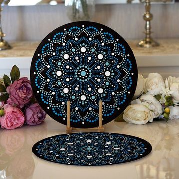 RealHomes 34x34 cm Renkli 2'li Siyah Zeminde Mavi Boncuklu Mandala Modern Yuvarlak Servis Altlığı Supla
