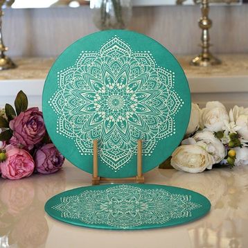RealHomes 34x34 cm Renkli 2'li Turkuaz Zeminde Mandala Dijital Baskılı Modern Yuvarlak Servis Altlığı Supla