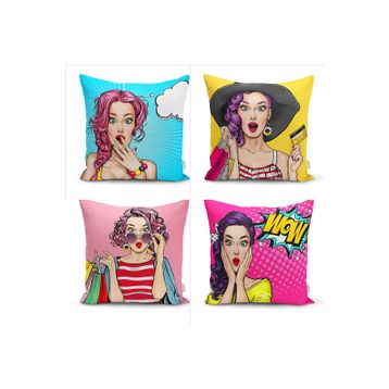 Realhomes 4'lü Fashion Girl Konseptli Dekoratif Yastık Kırlent Kılıfı