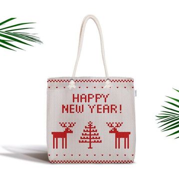 RealHomes Happy New Year Temalı Dijital Baskılı Fermuarlı Modern Kumaş Çanta