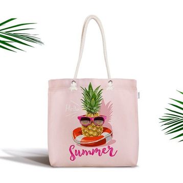 RealHomes Pembe Zeminli Summer Ananas Desenli Fermuarlı Kumaş Çanta