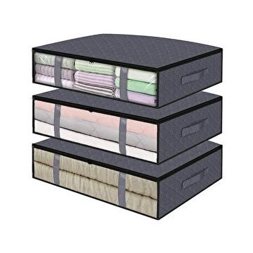 Rek Home 3 Adet Pencereli Gri 60x45x15 cm Baza Altı Yastık Yorgan Kazak Hurç
