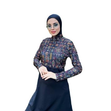 Remsa R4507 Yarım Fermuarlı Likralı Tam Kapalı Mayo 3'lü Set Çiçek Temalı Siyah Kadın Tesettür Mayo