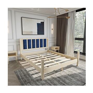 Renazzo Mobilya Orion Model 120x200 cm Lacivert Puflu Başlıklı Doğal Çam Ahşap Karyola