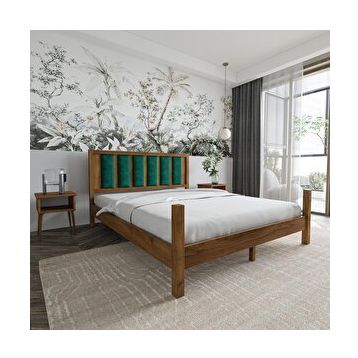 Renazzo Mobilya Orion Model 120x200 cm Zümrüt Yeşili Puflu Başlıklı Ceviz Renk Çam Ahşap Karyola