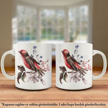 Renli Çiçekler Asarında Sevimli Kuş Kupa Bardak