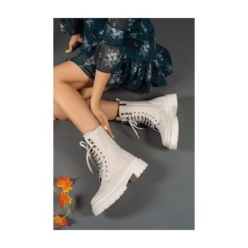 Riccon 0012299 Bej Kadın Fermuarlı Bot