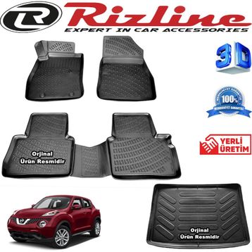 Rizline Nissan Juke 3D Paspas + 3D Alt Kısım Bagaj Havuzu 2014 - 2020 Arası Siyah Set