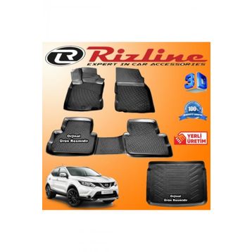 Rizline Nissan Qashqai 3D Paspas + 3D Tekna Bagaj Havuzu 2014-2020 Arası Siyah Set