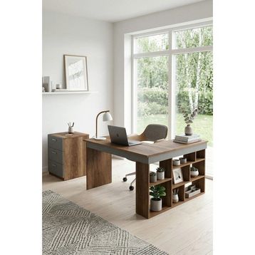 Robin Home Boston Kitaplık Raflı L Ofis Çalışma Masası ve 3 Çekmeceli Barok Antrasit Keson Etajer