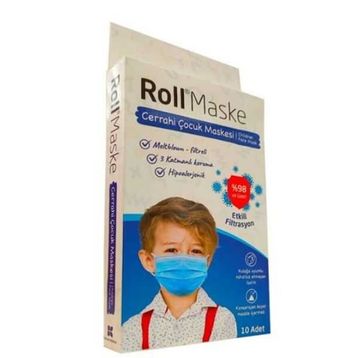 Roll 3 Katlı Mavi Telli 10'lu Erkek Çocuk Cerrahi Maske