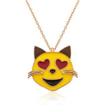 Rom Design 925 Ayar Kalp Gözlü Kedi Emoji Kadın Gümüş Kolye