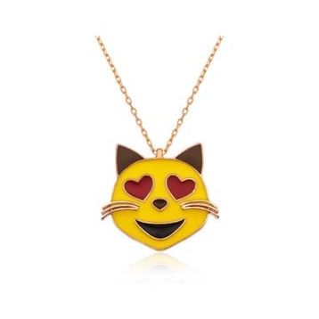 Rom Design 925 Ayar Kalp Gözlü Kedi Emoji Kadın Gümüş Kolye