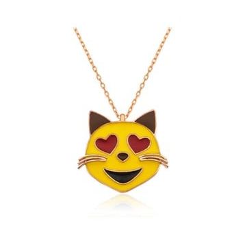 Rom Design 925 Ayar Kalp Gözlü Kedi Emoji Kadın Gümüş Kolye