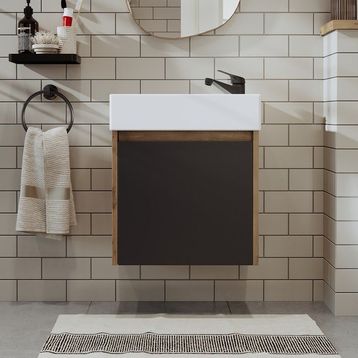 Roomart 50 cm Antrasit Ayaksız Tek Kapaklı Lavabolu Banyo Dolabı ve Aynalı Üst Dolabı