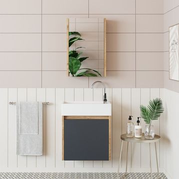 Roomart 50 cm Antrasit Ayaksız Tek Kapaklı Lavabolu Banyo Dolabı ve Aynalı Üst Dolabı