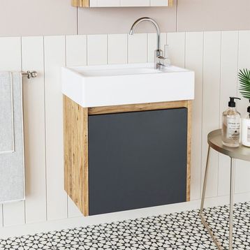 Roomart 50 cm Antrasit Ayaksız Tek Kapaklı Lavabolu Banyo Dolabı ve Aynalı Üst Dolabı