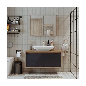 Roomart Lavabolu 100 cm Banyo Dolabı + Aynalı Banyo Üst Dolabı