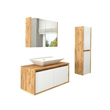 Roomart Lavabolu Boy Dolaplı 100 cm Ahşap Mat Beyaz Banyo Dolap Takımı