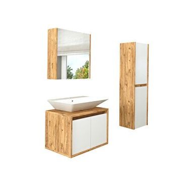 Roomart Lavabolu Boy Dolaplı 65 cm Ahşap Mat Beyaz Banyo Dolap Takımı