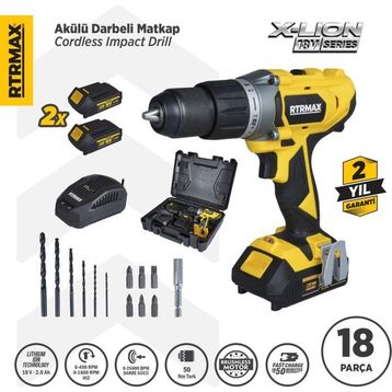 RTRMAX RTX1820 Çift Akülü 18V-2Ah Şarjlı Darbeli Matkap