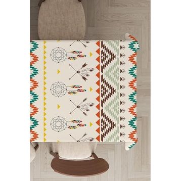 Rugviva MSO086 Dokuma Elit Kumaş Etnik Desen Krem Leke Tutmayan 140x140 cm Masa Örtüsü