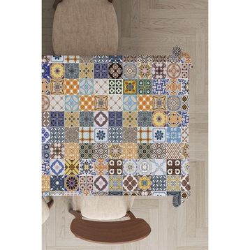 Rugviva MSO198 Dokuma Elit Kumaş Çini Desenli Renkli Leke Tutmayan 140x180 cm Masa Örtüsü