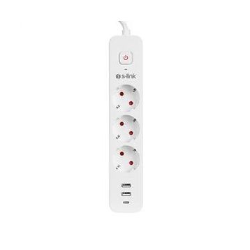 S-Link SPG03TC Beyaz 2 USB +1 Type C 5V2.4A 1.5 mt 3x1.00 mm Bakır 750 Joule 3'lü Anahtarlı Akım Korumalı Priz