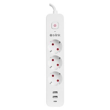 S-Link SPG03TC Beyaz 2 USB +1 Type C 5V2.4A 1.5 mt 3x1.00 mm Bakır 750 Joule 3'lü Anahtarlı Akım Korumalı Priz