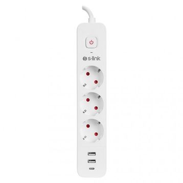 S-Link SPG03TC Beyaz 2 USB +1 Type C 5V2.4A 1.5 mt 3x1.00 mm Bakır 750 Joule 3'lü Anahtarlı Akım Korumalı Priz