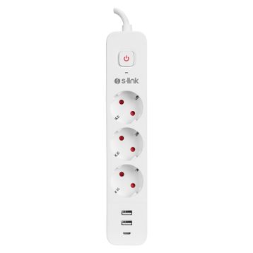 S-Link SPG03TC Beyaz 2 USB +1 Type C 5V2.4A 1.5 mt 3x1.00 mm Bakır 750 Joule 3'lü Anahtarlı Akım Korumalı Priz