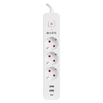 S-Link SPG03TC Beyaz 2 USB +1 Type C 5V2.4A 1.5 mt 3x1.00 mm Bakır 750 Joule 3'lü Anahtarlı Akım Korumalı Priz