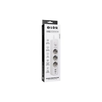 S-Link SPG03TC Beyaz 2 USB +1 Type C 5V2.4A 1.5 mt 3x1.00 mm Bakır 750 Joule 3'lü Anahtarlı Akım Korumalı Priz