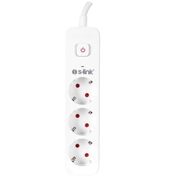 S-Link SPG301S 1.5 m 3x1.5 mm 100 Bakır 750 Joule 3'lü Anahtarlı Akım Korumalı Priz