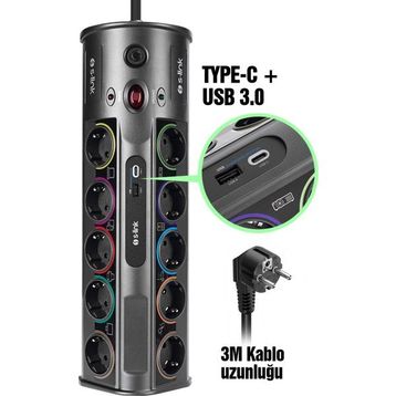 S-Link Swapp SP10AF Gri 3m 1860 Joule 1.5 mm 1 USB 1 Type-C 2.1A 5V 16A 250V 3680W 10'lu Akım Korumalı Priz