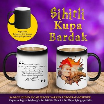 S457514 Kemal Atatürk Türk Yazılı Sihirli Kupa Bardak