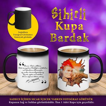 S457514 Kemal Atatürk Türk Yazılı Sihirli Kupa Bardak
