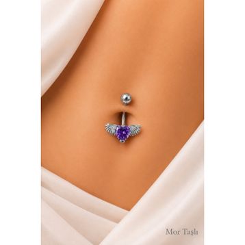 Sacce Scarves & Accessories Gümüş Çelik Mor Kalpli Melek Kanadı Göbek Piercingi