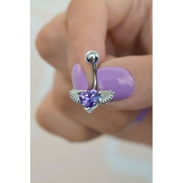 Sacce Scarves & Accessories Gümüş Çelik Mor Kalpli Melek Kanadı Göbek Piercingi